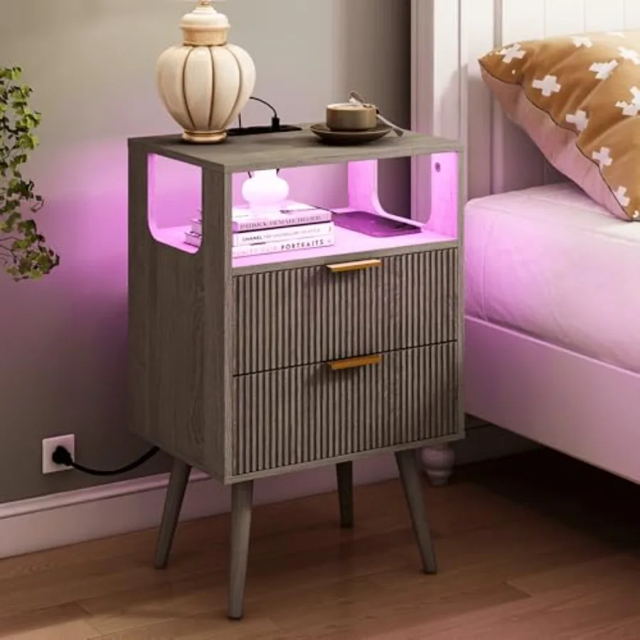 Nightstand with Charging Station and LED Lights Modern Bedside Table in Grey Oak with 2 Storage Drawers and Open Wood Shelf Sol