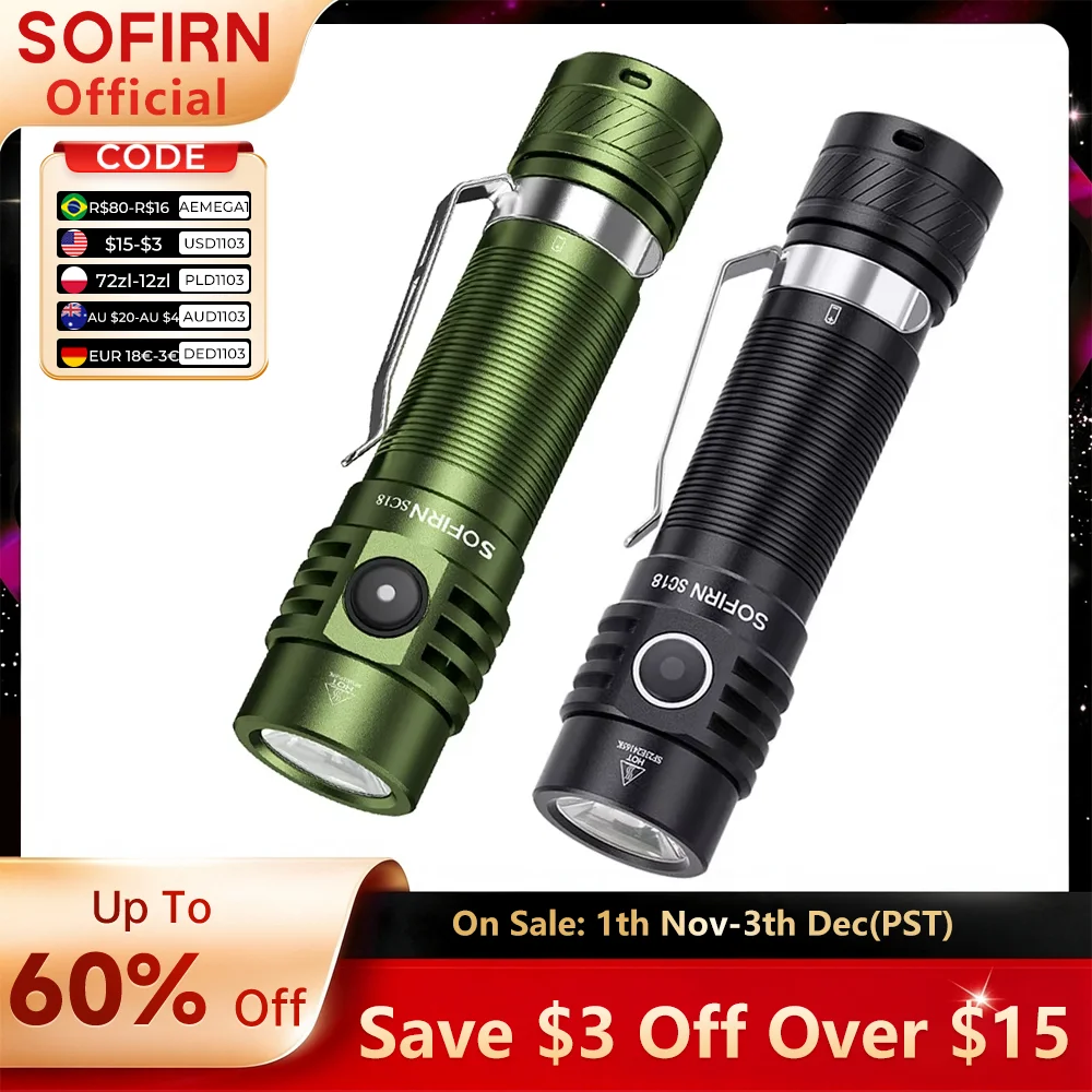 Sofirn SC18 1800lm EDC Flashlight USB C Rechargeable SST40 LED 18650 Torch TIR Optics Lens Lantern with Power Indicator