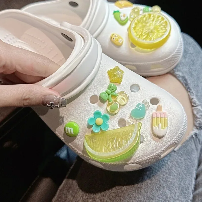 13pcs Fashion Shoe Charms Set Accessories Hole Shoe Buckle Summer Cute Green Lemon DIY 3D Shoes Decorations Kid Party Girls Gift