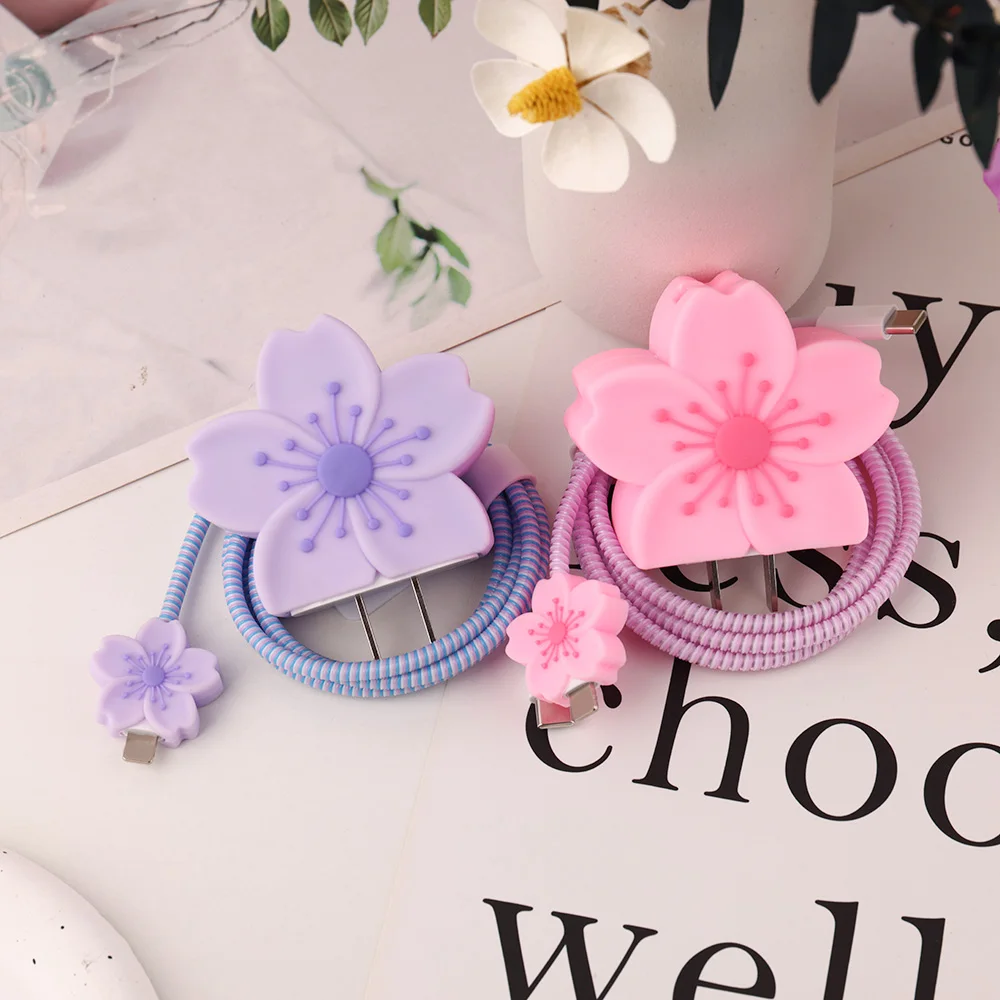 3D Cherry blossoms Soft Case for iPhone 18/20W Fast Charging Candy Color Fruit USB Data Cable Protective Case Winder Organizer