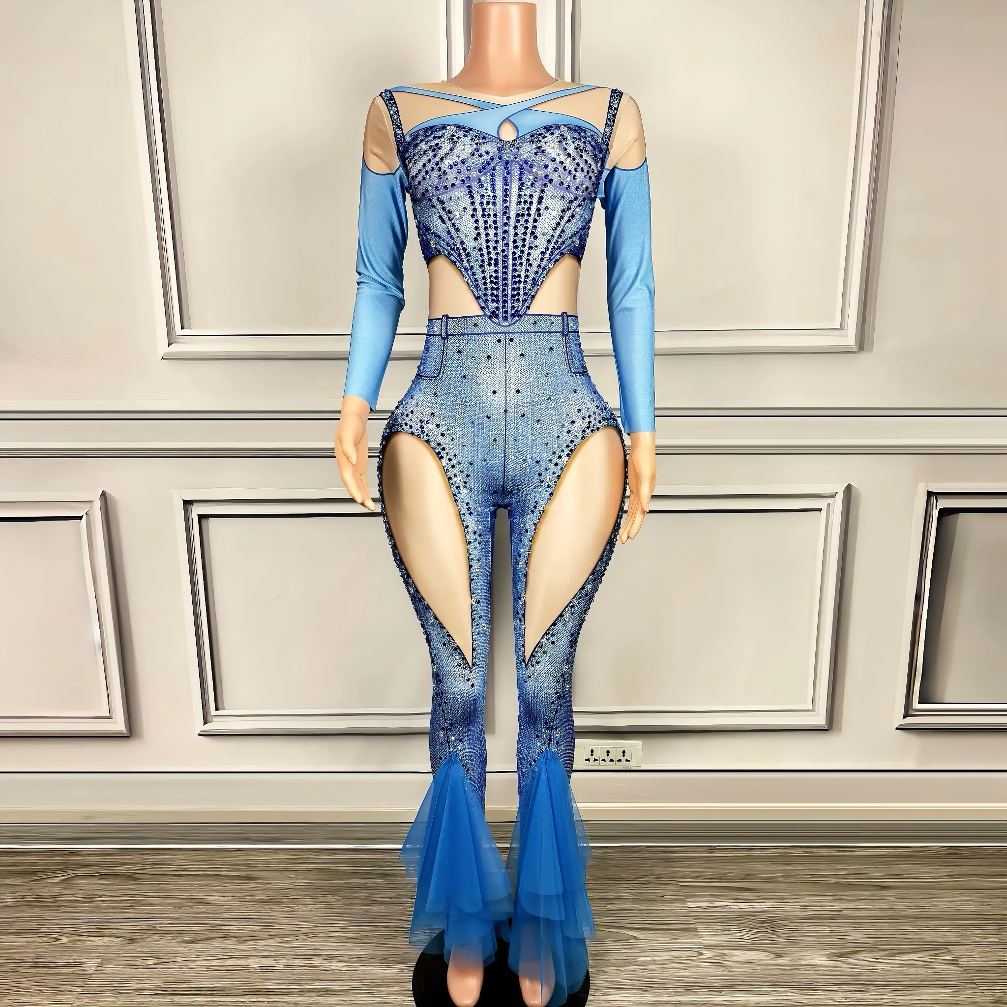 

Women Blue Denim Print Diamond Stretching Bodysuit Birthday Evening Party Nightclub DJ Female Singer Stage Performance Costume