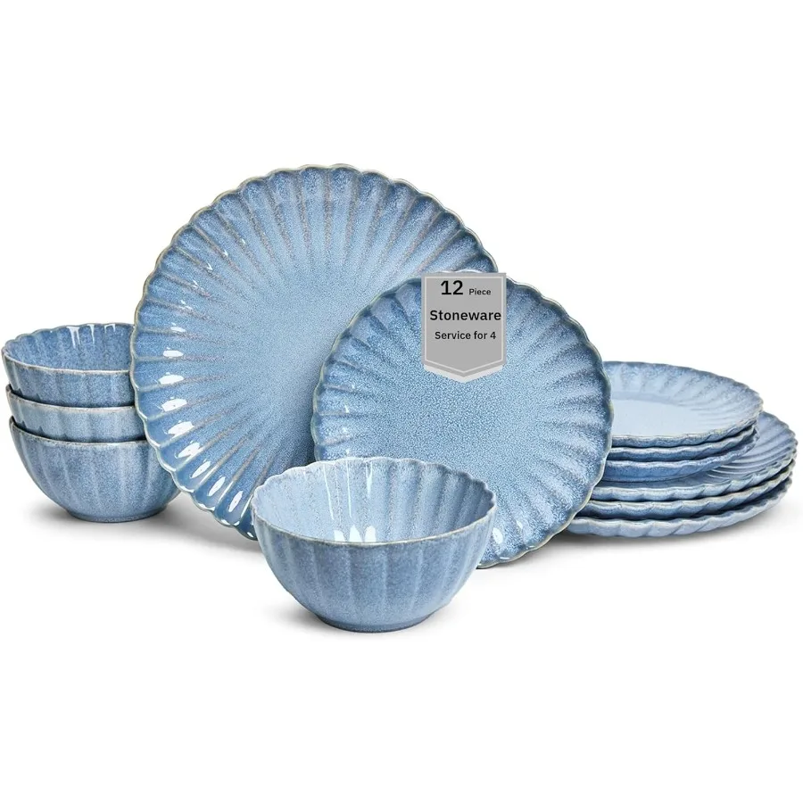 

12 Pieces Stoneware Dinnerware Set for Modern Kitchen Dining: Reactive Blue Serving Plates and Bowls Set with ChipResistant Cer