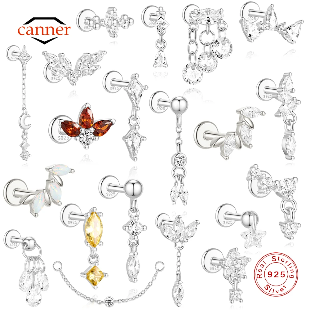 CANNER 1PC Horse Eye Flat Head Threaded Puncture Ear Bone Women 925 Sterling Silver Ins Star Flower Geometry Zircon Stud Earring