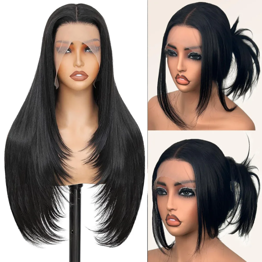 13x4 Synthetic Lace Front Wig for Women, 20 Inch Straight Black Layered Cut with Natural Flow, Hand-Tied Lace with Pre-Plucked Natural Hairline, Premium Heat-Friendly Fiber, Breathable Cap with Adjustable Straps for Secure All-Day Wear