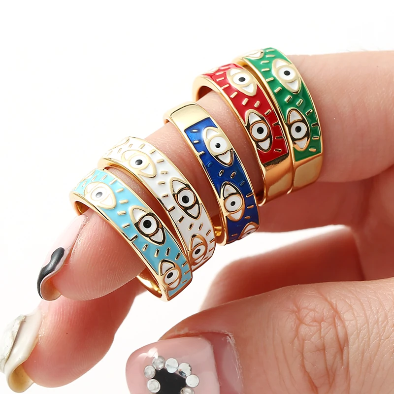 Enamel Evil Eye Ring Y2K Multi-Colors Stackable Band Ring Women Gold Plated Copper Rings Turkish Evil Eye Finger Rings Jewelry