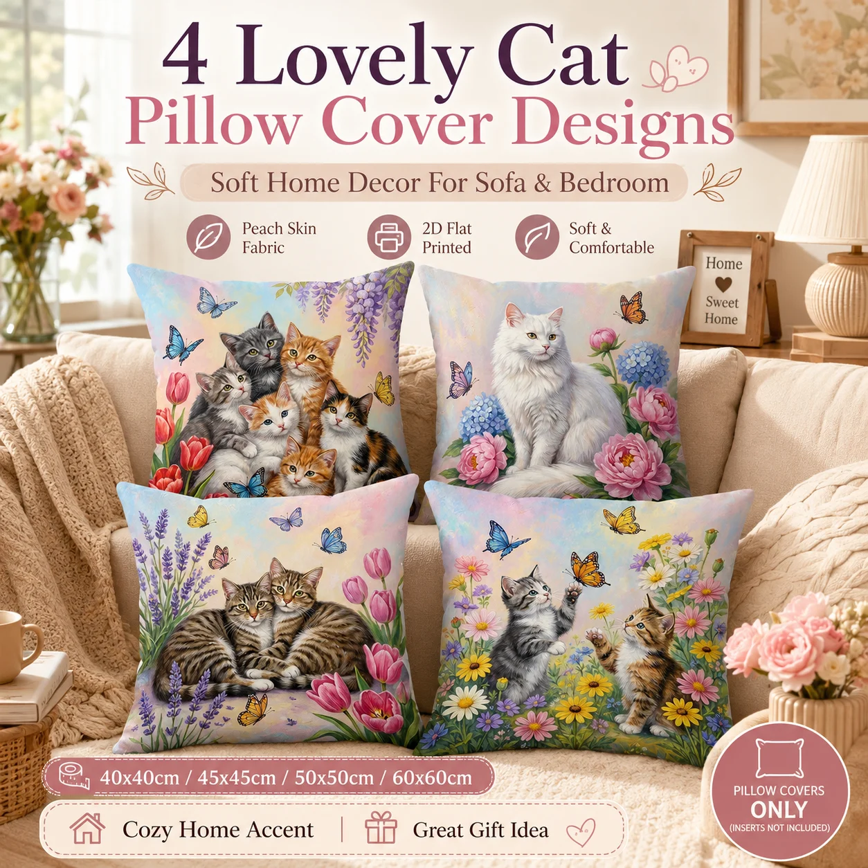 

Lovely Cat Cushion Cover 2D Flat Printed Peach Skin Pillowcase Butterfly Flower Decorative for Sofa Bedroom Home Decor Gift