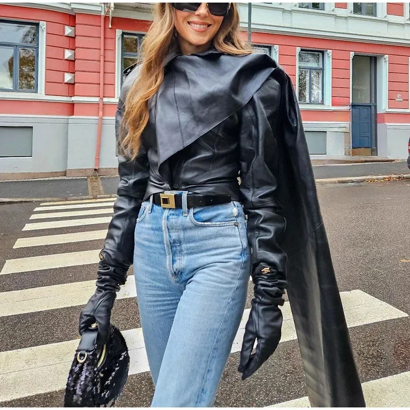 Mode Faux PU Leren Jas Vrouwen Sjaal Kraag Cape Lange Mouw Slanke Jassen Vrouwelijke Herfst Patchwork Dames Streetwear