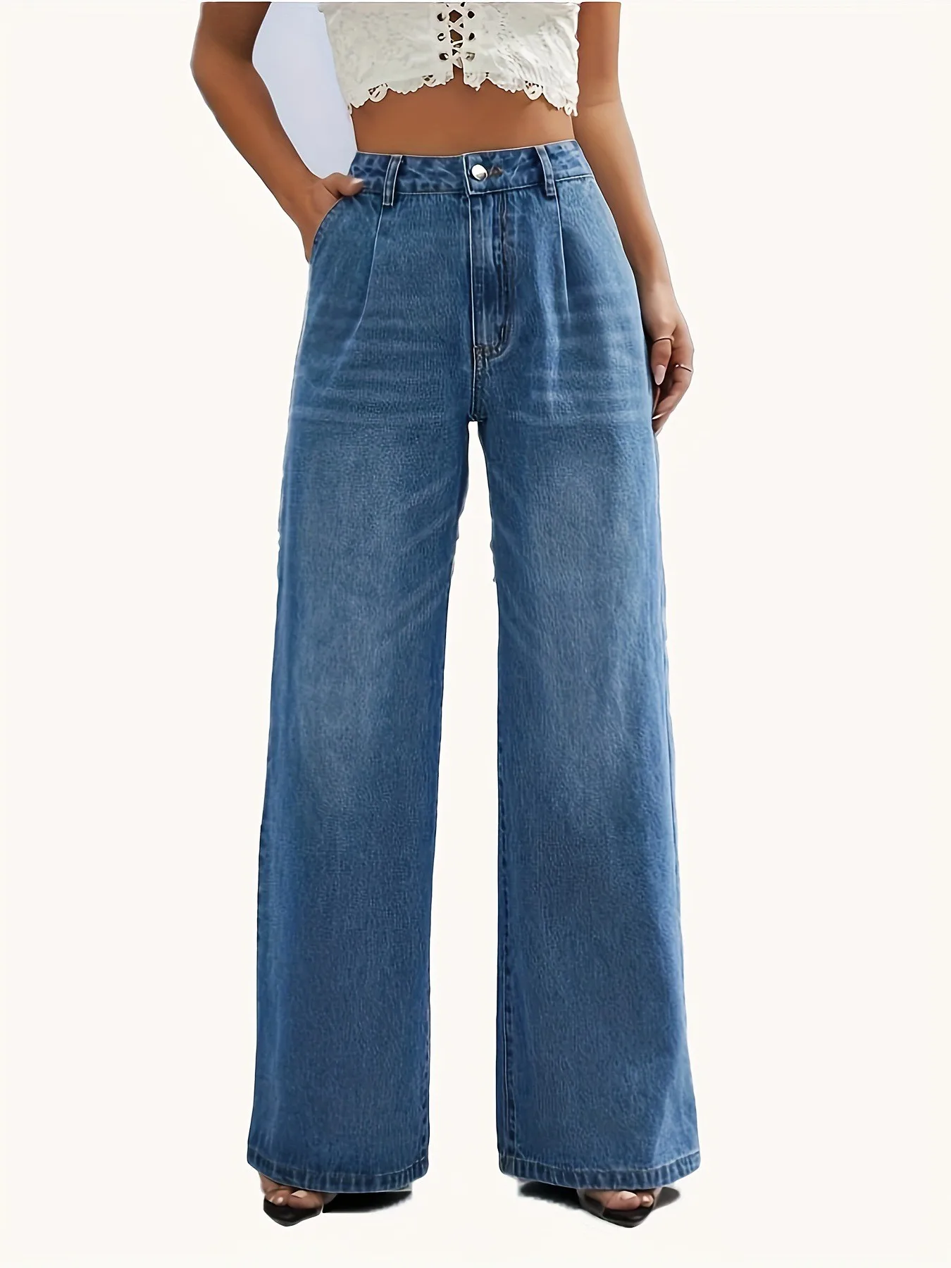 

New women's cross-border European and American style solid color jeans women's straight wide leg pants casual all-match