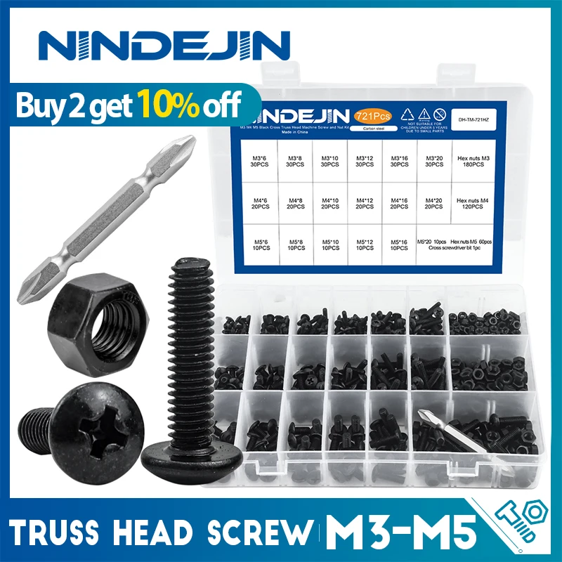 NINDEJIN 721pcs/set Cross Truss Head Screw Kit with Nut M3 M4 M5 Carbon Steel Mushroom Phillips Head Machine Screw and Nut Set