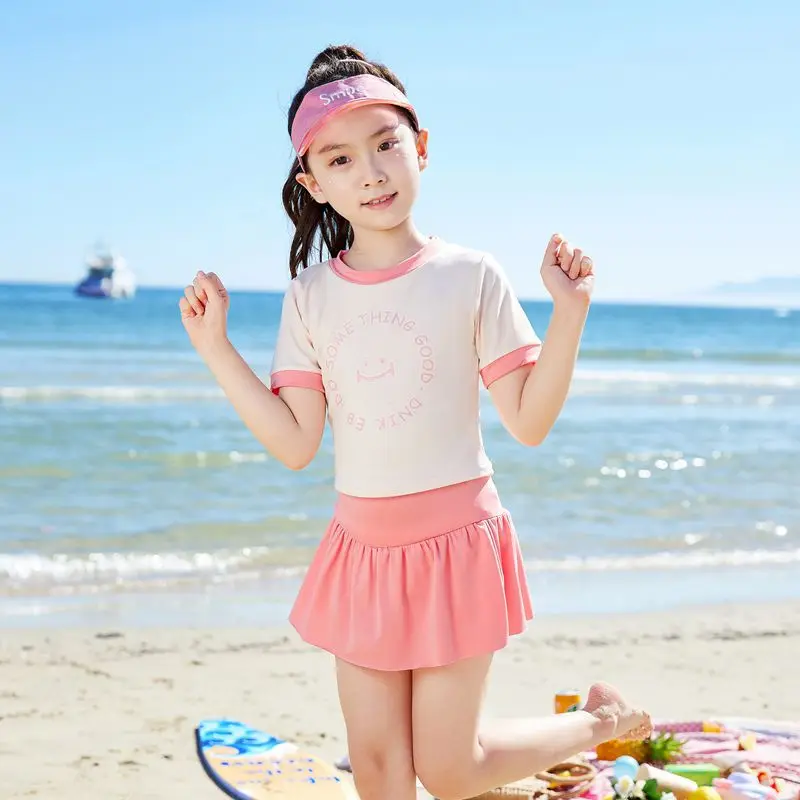 Children\'s Short Sleeve Swimsuit, Baby Girl Swimwear, Swimming Pool Bathing Suit, Korean Version, New, 2 Pcs, 5-8 Years Old