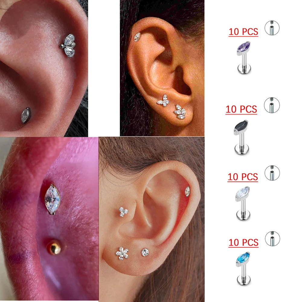 10PCS G23 Titanium Threaded Ear Stud Colorful Zircon Stone Nose Rings Labret Lip Ear Tragus Nariz Piercing Sexy Body Jewelry 16G
