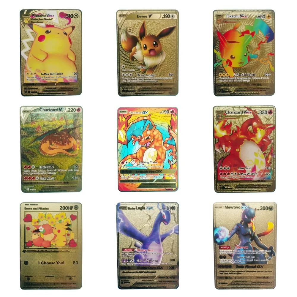 Nieuwe Pokemon Engelse Metalen Kaart Anime Pikachu Charizard Mewtwo Blastoise Vmax Glanzende Letters Spel Verzamelkaart Kids Speelgoed Cadeaus