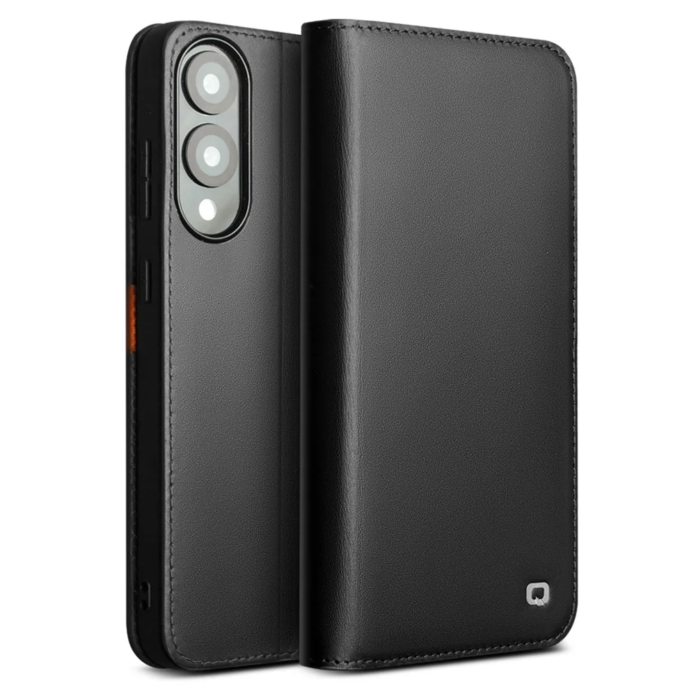 QIALINO For Samsung Galaxy S25 Edge Wallet Case Stand Genuine Cow Leather Flip Phone Cover - Black