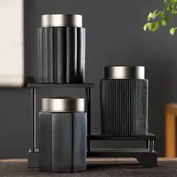 Black Ceramic Storage Jar Vertical Pattern Tea Can Alloy Double Lid Candy Box Kitchen Food Storage Container Home Decoration New