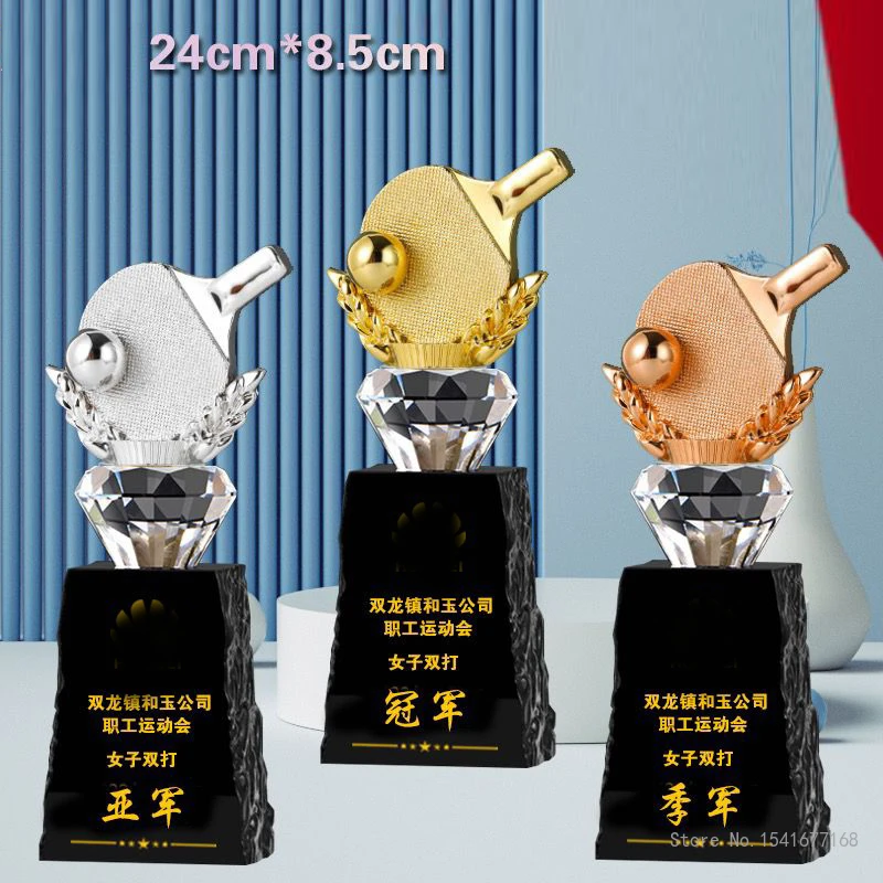 

Customized Resin Table Tennis Trophy Gold Silver Copper Awards Souvenirs Home Decorations Craft Lettering Crystal Base Medal 1Pc