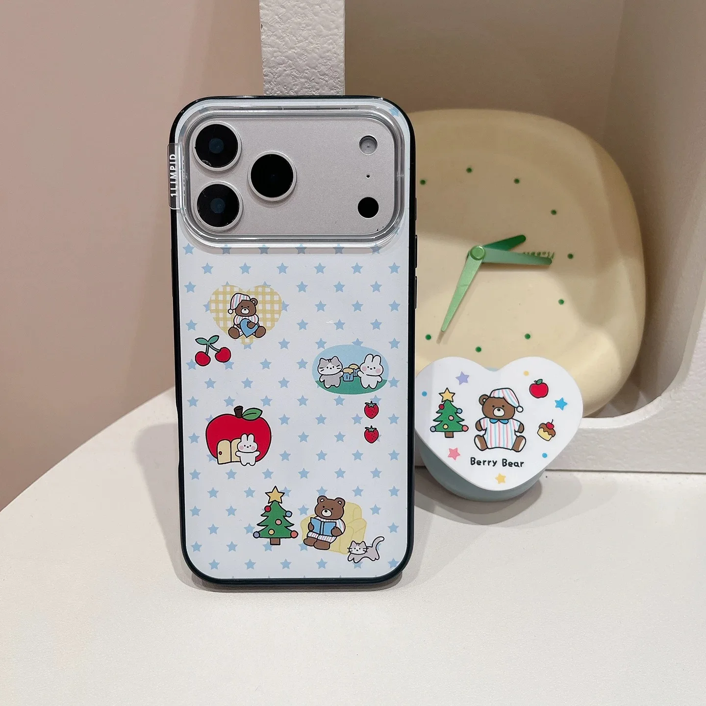 Korean Cute Cherry Bear Magnetic Phone Case for iPhone 17 Pro 14 15 16 Pro Max Cover For Magsafe Stand Cartoon Protective Cases