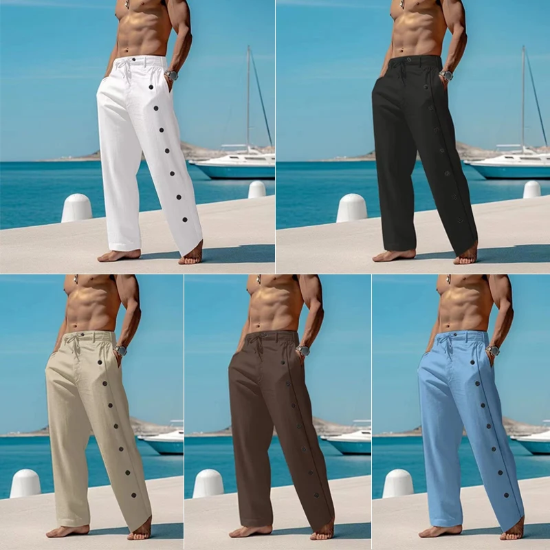 Men Casual Loose Beach Pants Summer Lace-up Drawstring Pants Comfortable Breathable Lightweight Outdoor Beach Trousers Overalls