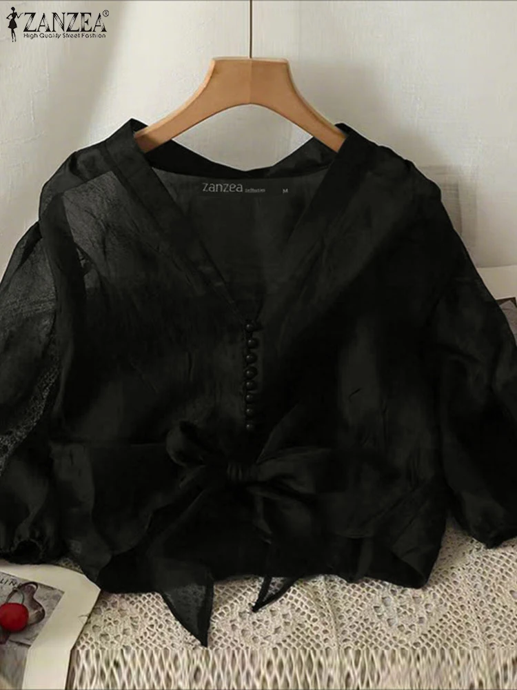 Blusa de gasa Vintage 3/4 Tops de manga acampanada ZANZEA 2025 moda mujer Blusas con cuello en V túnica de Color sólido Jersey suelto Casual