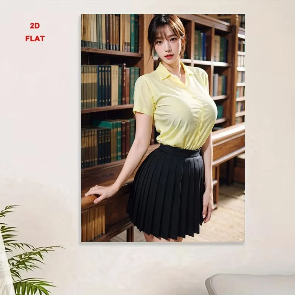 2D Metal Tin Sign Vintage Yellow Shirt Black Pleated Skirt Lady Library Study Room Cafe Wall Decor Plaque 20x30cm