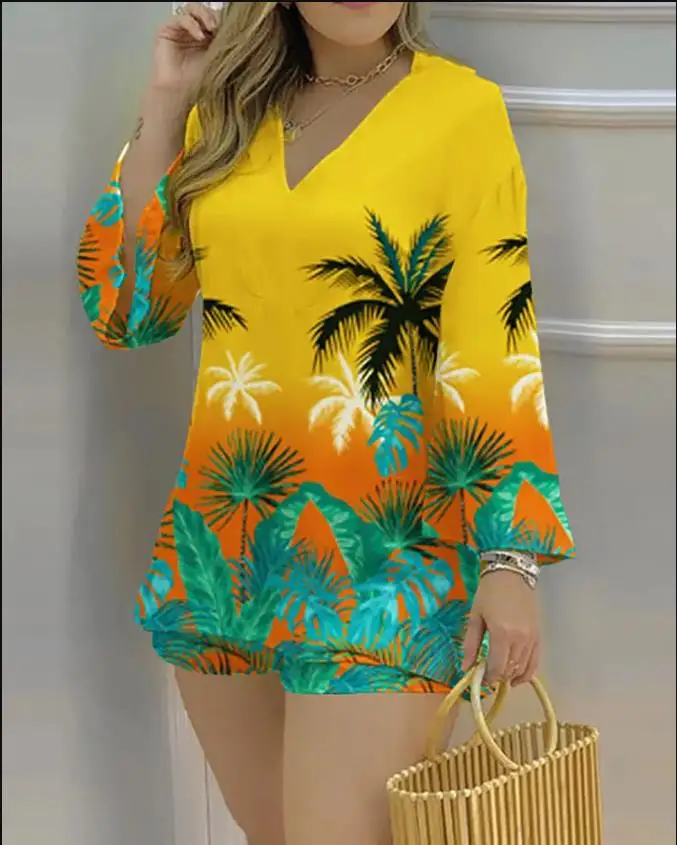 

Women's Casual Style Suits 2024 Spring Summer Latest V-Neck Tropical Print Bell Sleeve Top&daily Vacation Beach Loose Shorts Set