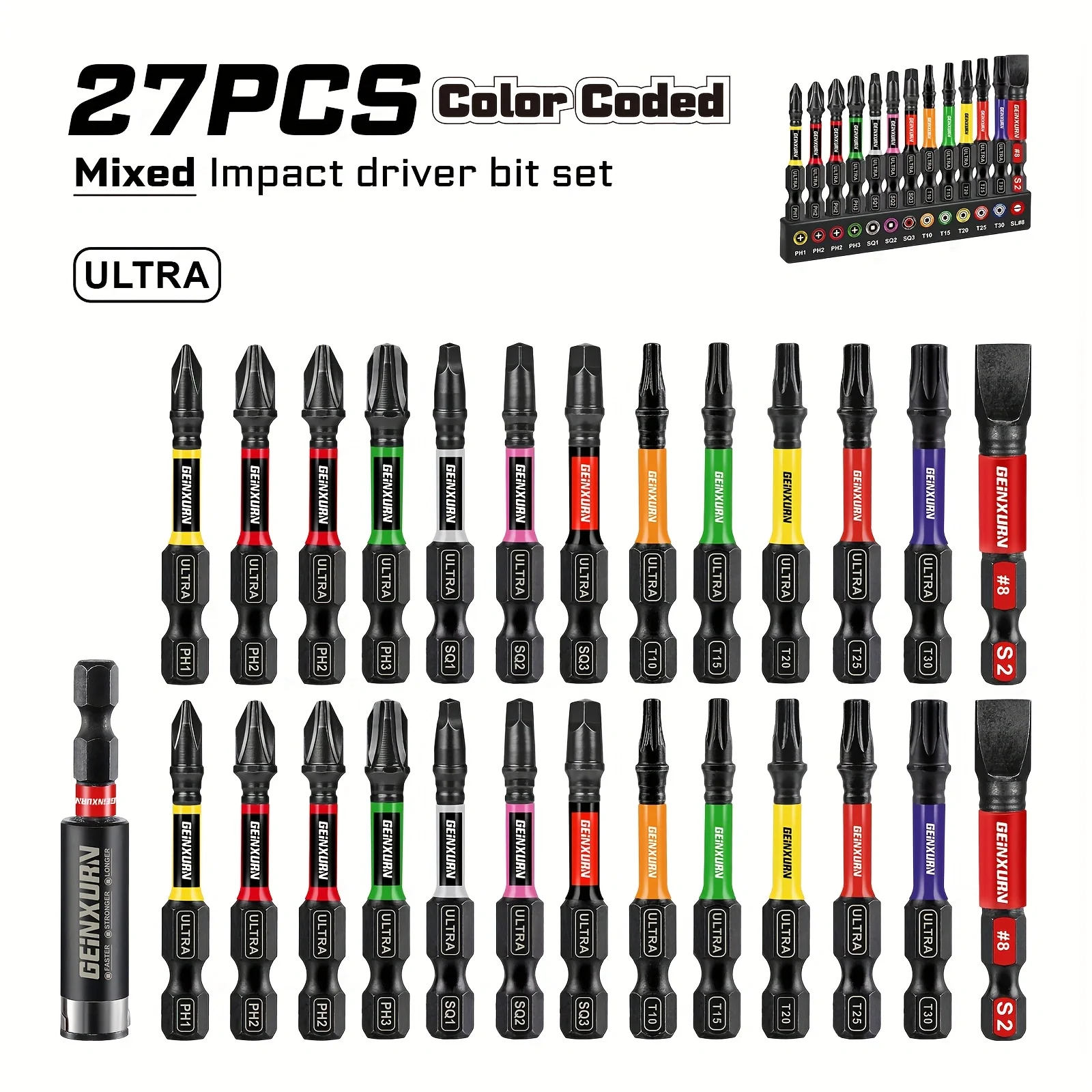 Geinxurn 13PCS Impact Phillipes/Square/Slotted Screwdriver Bits Set, 2'' Magnetic S2 Steel Bits Set with Color Coded Base