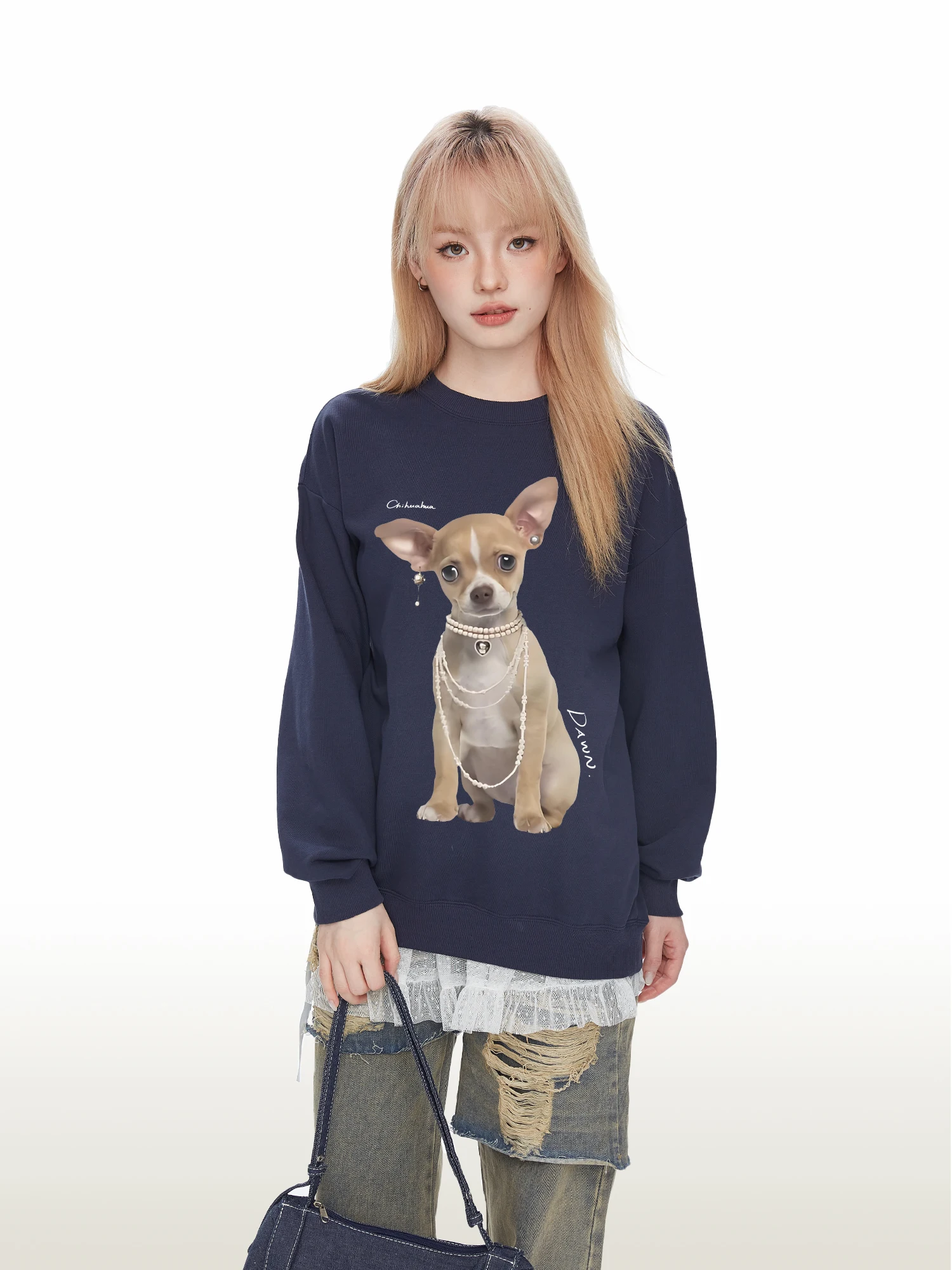 Dawn D Luxury Pearl Necklace round Neck Sweatshirt Women's Loose Fit Autumn Trendy Brand Dog Print Cotton Polyester Blend