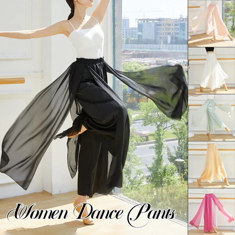 Women Classic Dance Culottes Pant Chiffon Flowy Skirt Body Rhyme Trousers Elegant Wide-leg Splice Side Split Trousers Dancewear