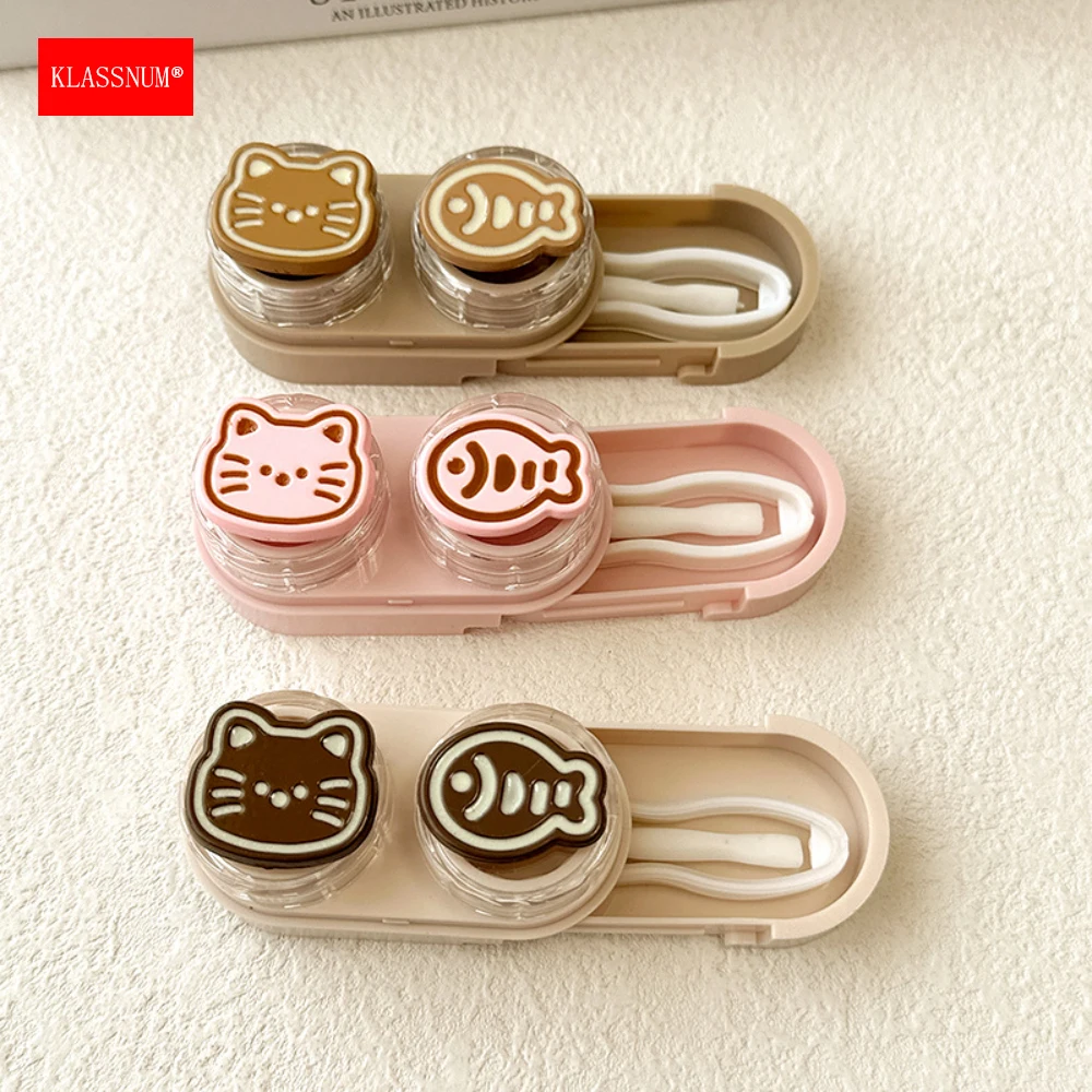 

Портативный футляр для контактных линз KLASSNUM в форме милого кота, дорожный органайзер для цветных контактных линз с пинцетом