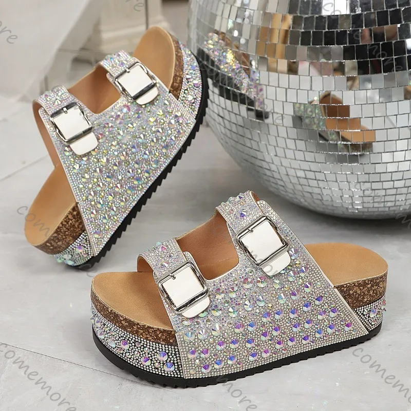Women's Rhinestone Platform Slide Sandals Buckle Strap Cork Wedge Slippers Sparkly Glitter Summer Shoes Sandalias De Mujer 37-42