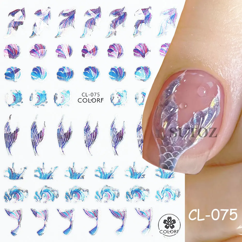 Holographic Mermaid Nail Stickers Summer Sea Animals Starfish Shell Laser Effect Nail Decals Cute Cartoon Nail Parts LEBCL-075