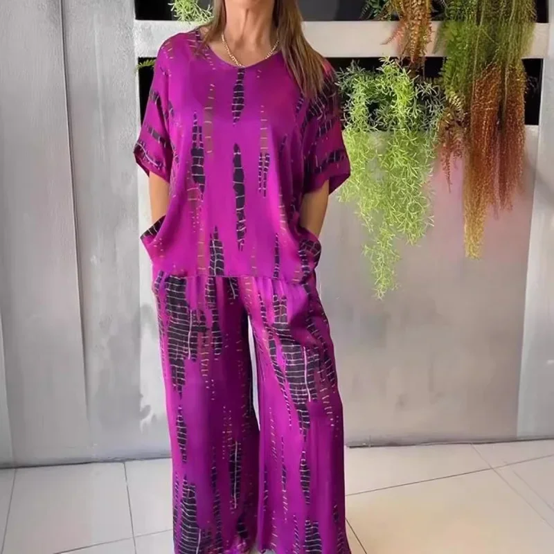 Spring Casual Print Wide Leg Pants Set Women 2 Pieces Sexy V Neck Short-sleeved T Shirt Outfit Summer Vintage Loose Street Suits