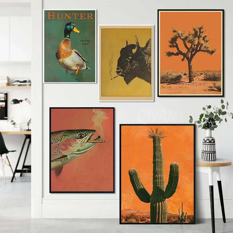 Vintage Animal Wall Art Set Smoking Deer Cat Poster Retro Western Desert Cactus Canvas Print Eclectic Home Decor Aesthetic Gift