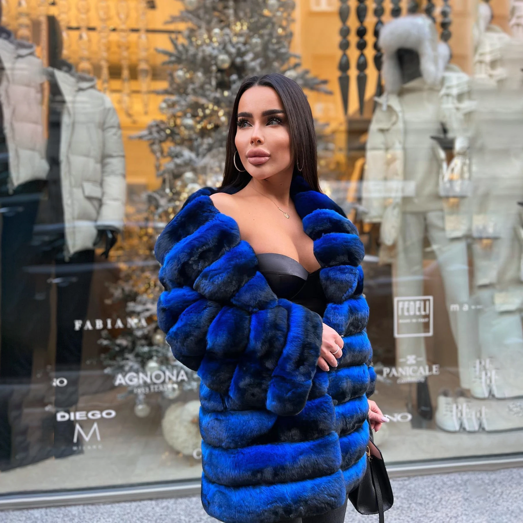 Fashion Blue Rex Rabbit Fur Coat Natural Women Thick Warm Fur Overcoat with Lapel Collar Luxury Woman Real Rex Rabbit Fur Coats