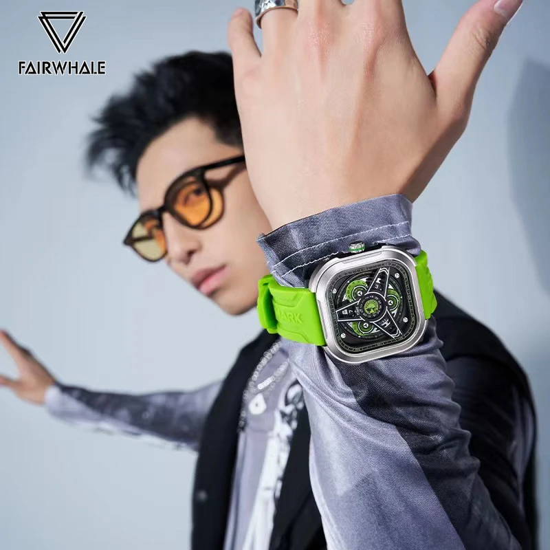 Mark Fairwhale Fashion Green Watch Men Automatic Date Sport Silicone Strap Square Clock Luxury Waterproof Quartz Wristwatch 2023