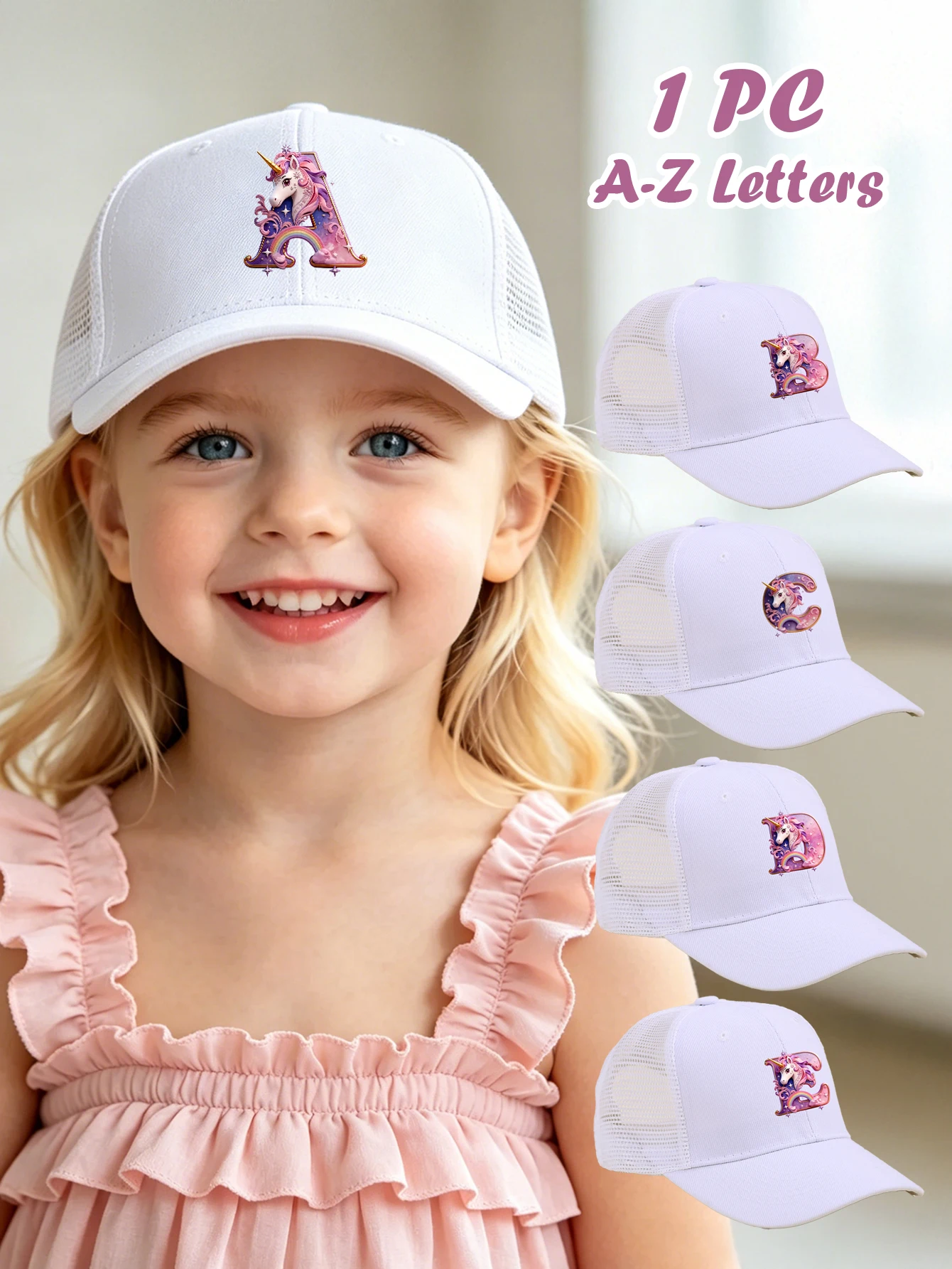 

1pc white baby hat Adjustable Youngsters' Baseball Cap with A-Z letter Rainbow Unicorn - Breathable Sun Hat for Boys and Girls