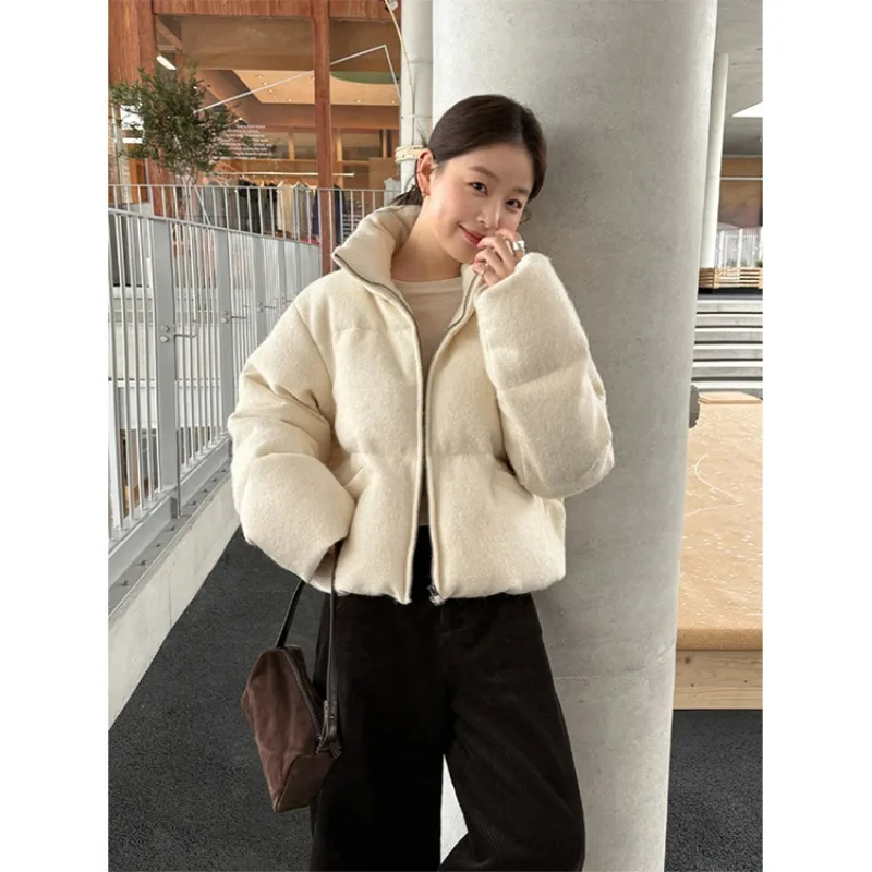 A simple warm woolen down jacket with a loose stand-up collar for women's winter wear fashionable simple and warm for commuting