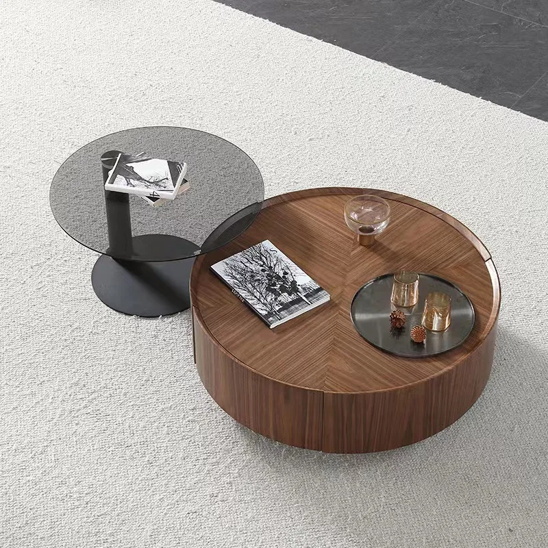 

Italian minimalist round coffee table household light luxury small apartment solid wood tea table