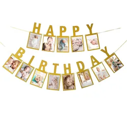 Gold Birthday Photo Banner Happy Birthday Banner for Kids and Adults Birthday Party Baby Shower Decoration