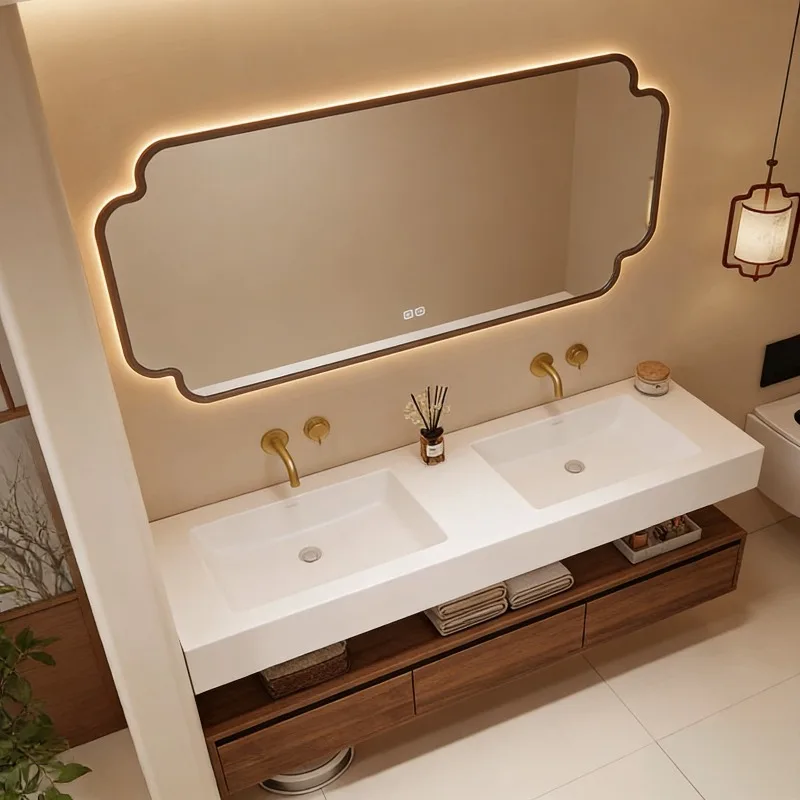 Retro bathroom cabinet combination solid wood rock slab hot bending integrated basin toilet washstand