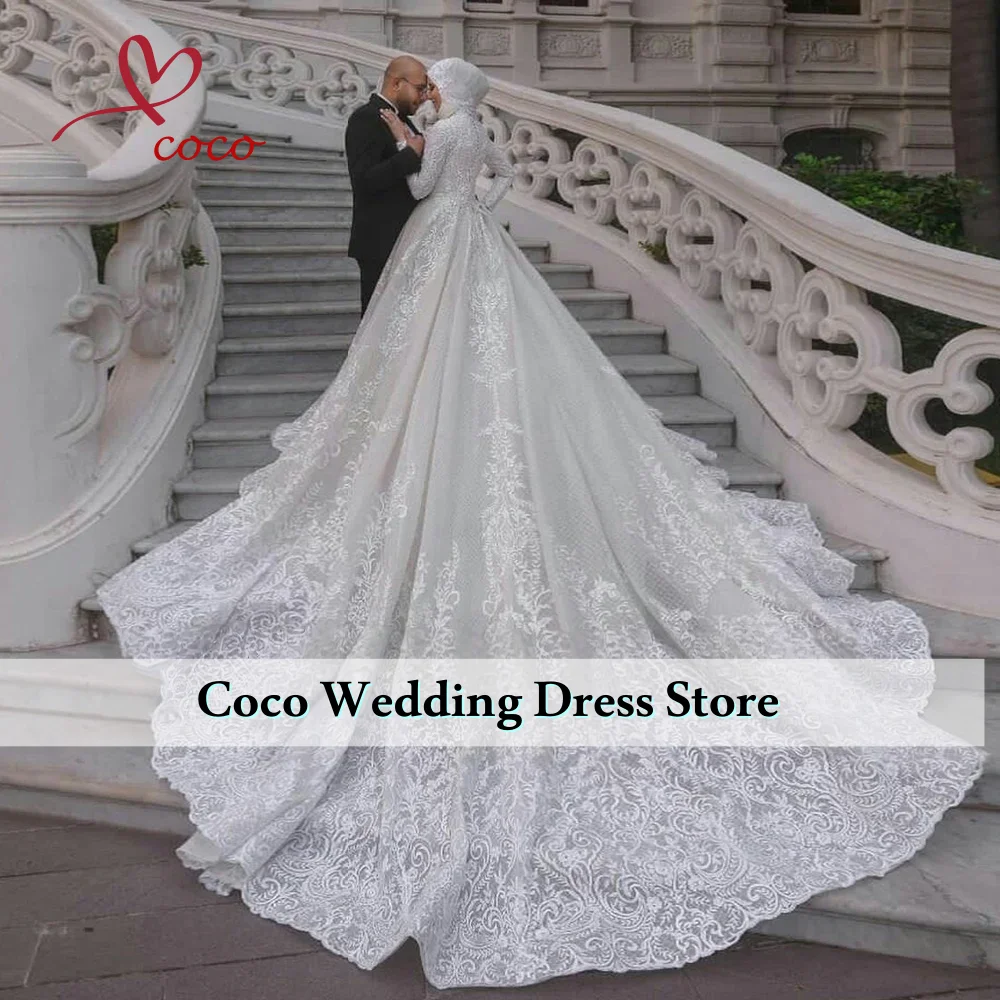 Aangepaste luxe moslim kant applicaties hoge hals trouwjurken lange mouwen met rechter trein tule bruidsjurken voor dames