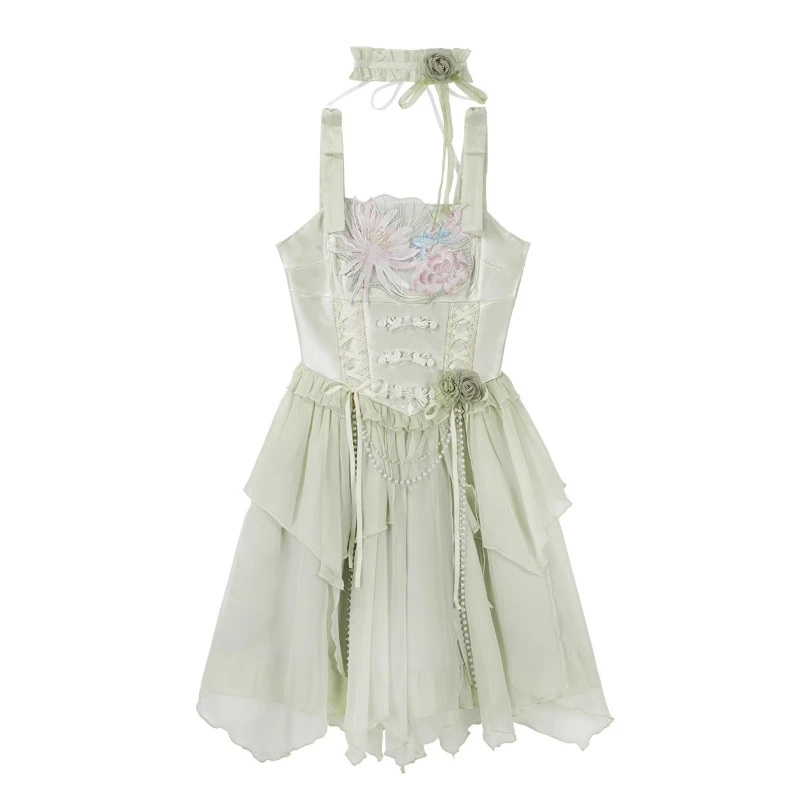 สไตล์จีน Lolita หวานสีเขียว Princess Fairy Feather แขนสด Suspender ชุดญี่ปุ่น Rojita ชุดสําหรับเสื้อผ้าสตรี