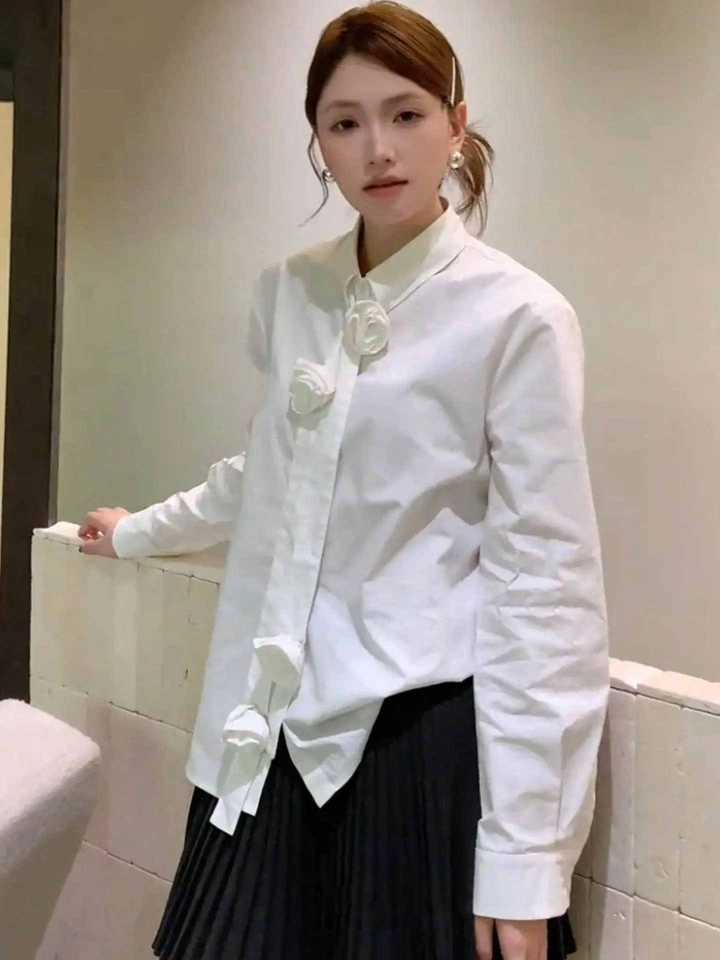 

Spring New Sle Women's Flelted irt 3D Design Commute Faion Slim Fit Long Sve Casual Top for Young Girls