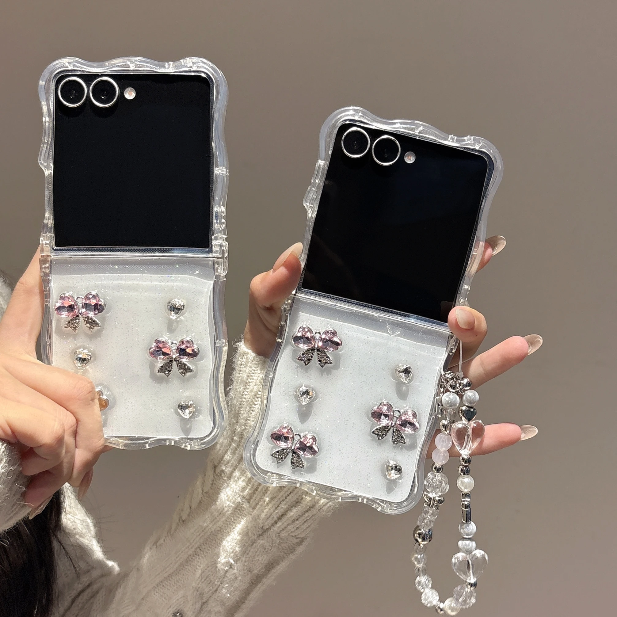 

Back Cover For Samsung Galaxy Z Flip 4 5 6 7 Case Glitter Pink Diamond Butterfly Bracelet Wristband Chain Hard PC Phone Case