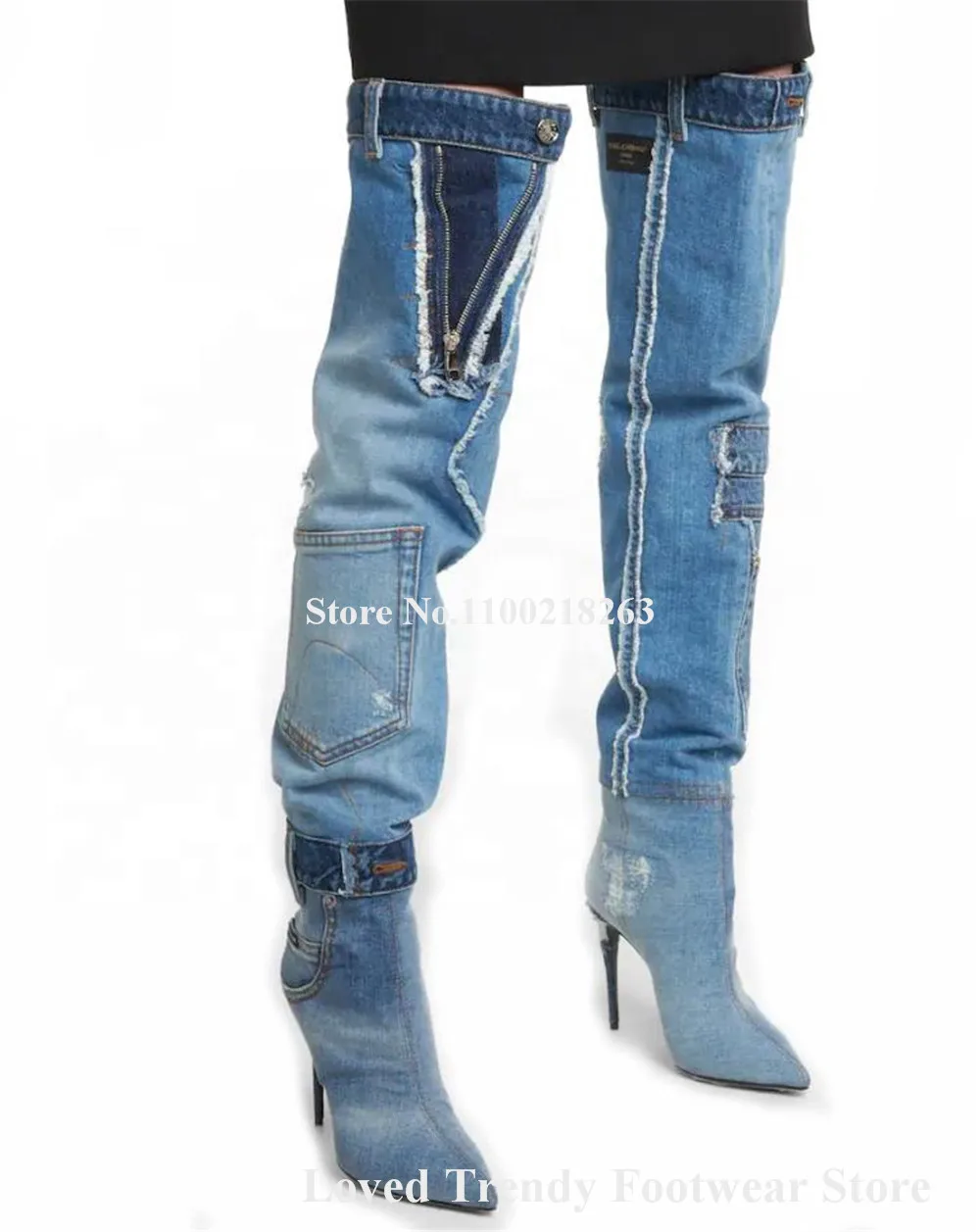 Western Style Blue Denim Over Knee Thin Heel Boots Sexy Pointed Toe Zippers Decorated Pockets Stiletto Heel Long Jean Boots