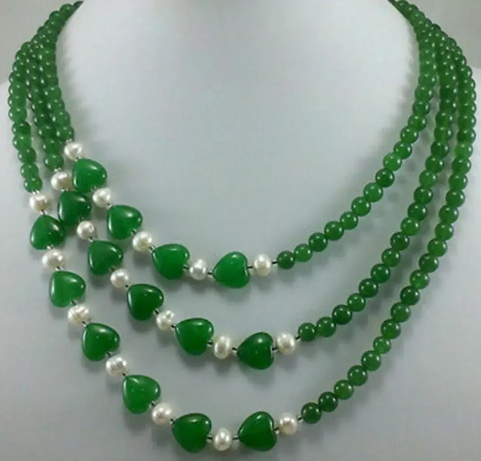 3 Rows Stunningr Red heart-shaped jade white pearl Necklace