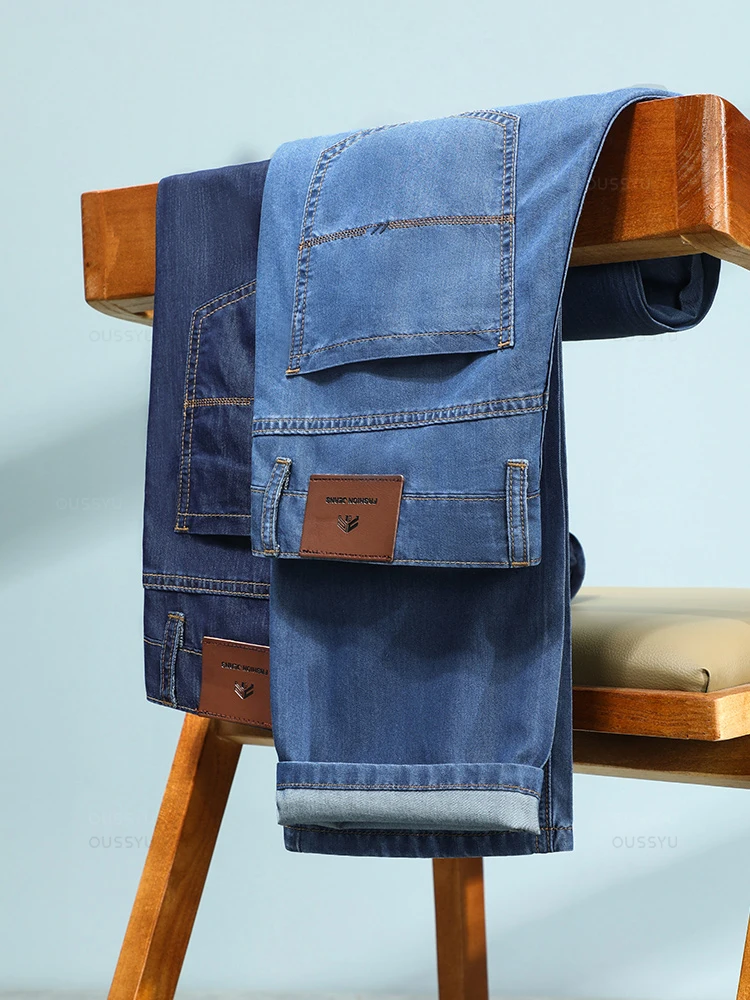 Pantalones vaqueros de tela Modal suave para hombre, ropa de marca de alta calidad, clásicos, de negocios, rectos, de trabajo, talla grande 40