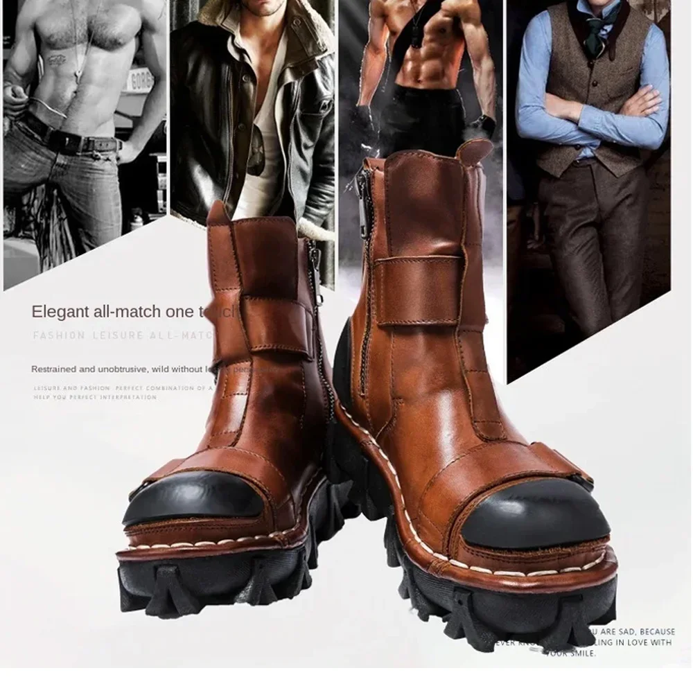 Men's Cow Genuine Leather Motorcycle Boots Mid-calf Combat Boots Gothic Skull Punk Western Boots Zipper Thick Hee