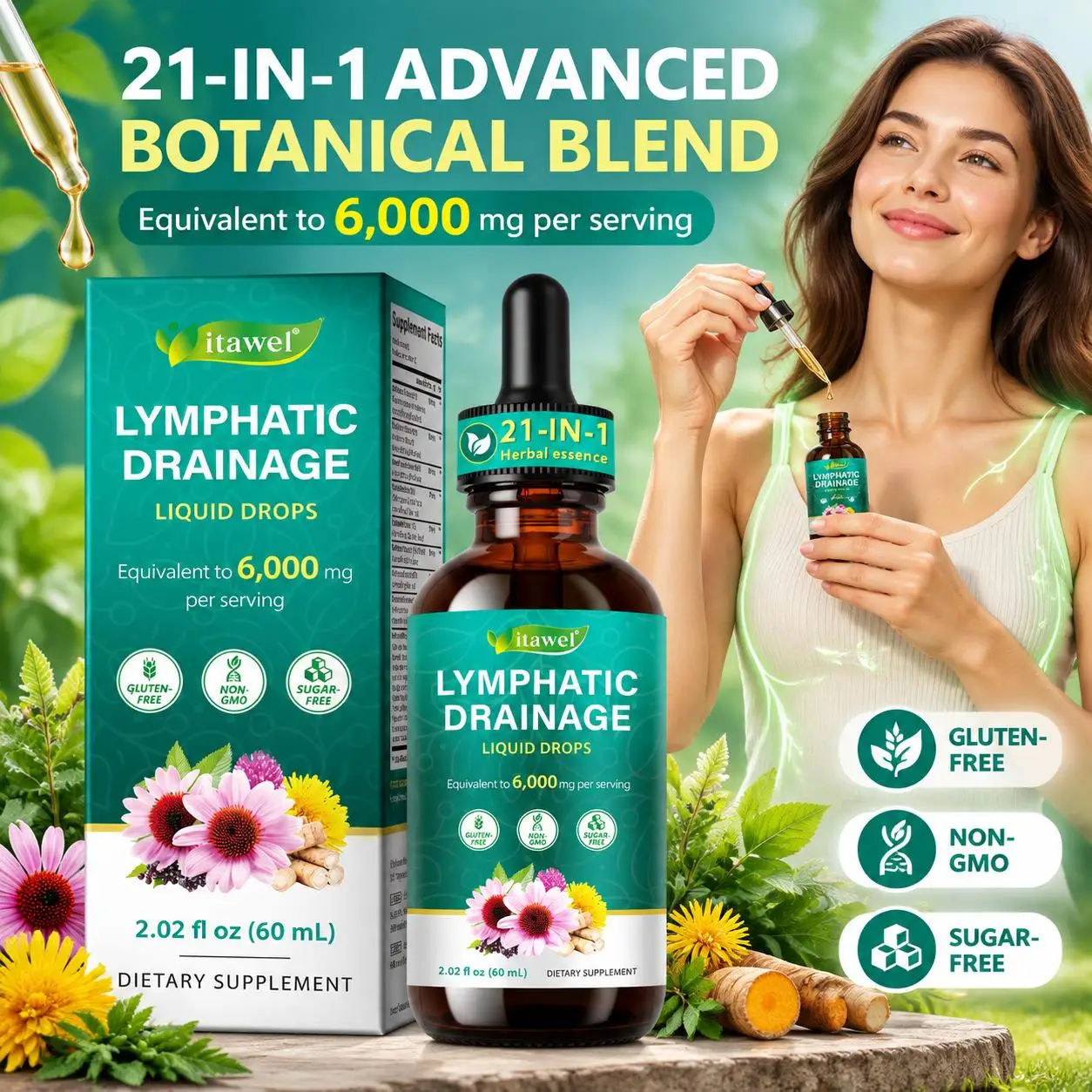 Itawel Lymphatic Drainage Liquid Drops 21-in-1 Blend Promote Metabolism Provide Energy Nourish The Skin for Fluid Balance 60 ML