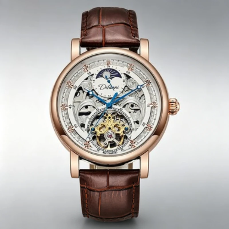 

Durunwei Automatic Mechanical Watch Skeleton Moon Phase Waterproof Luminous Men's Luxury Business Leather Wristwatch