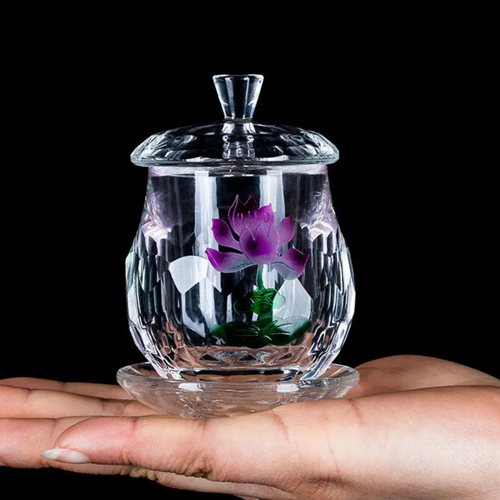Buddhist Offering Glass Cup Lotus Design Small Capacity Crystal Water Cup Temple Worship Glass Bowl Decorative Holy Water